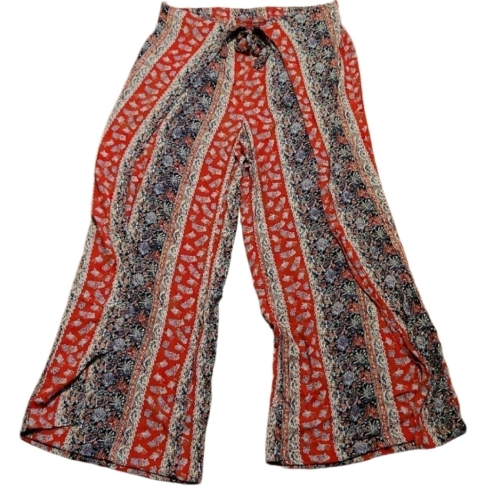 Style & Co Womens Size L Boho Floral Pants Elastic Waist Red White Blue Wide Leg